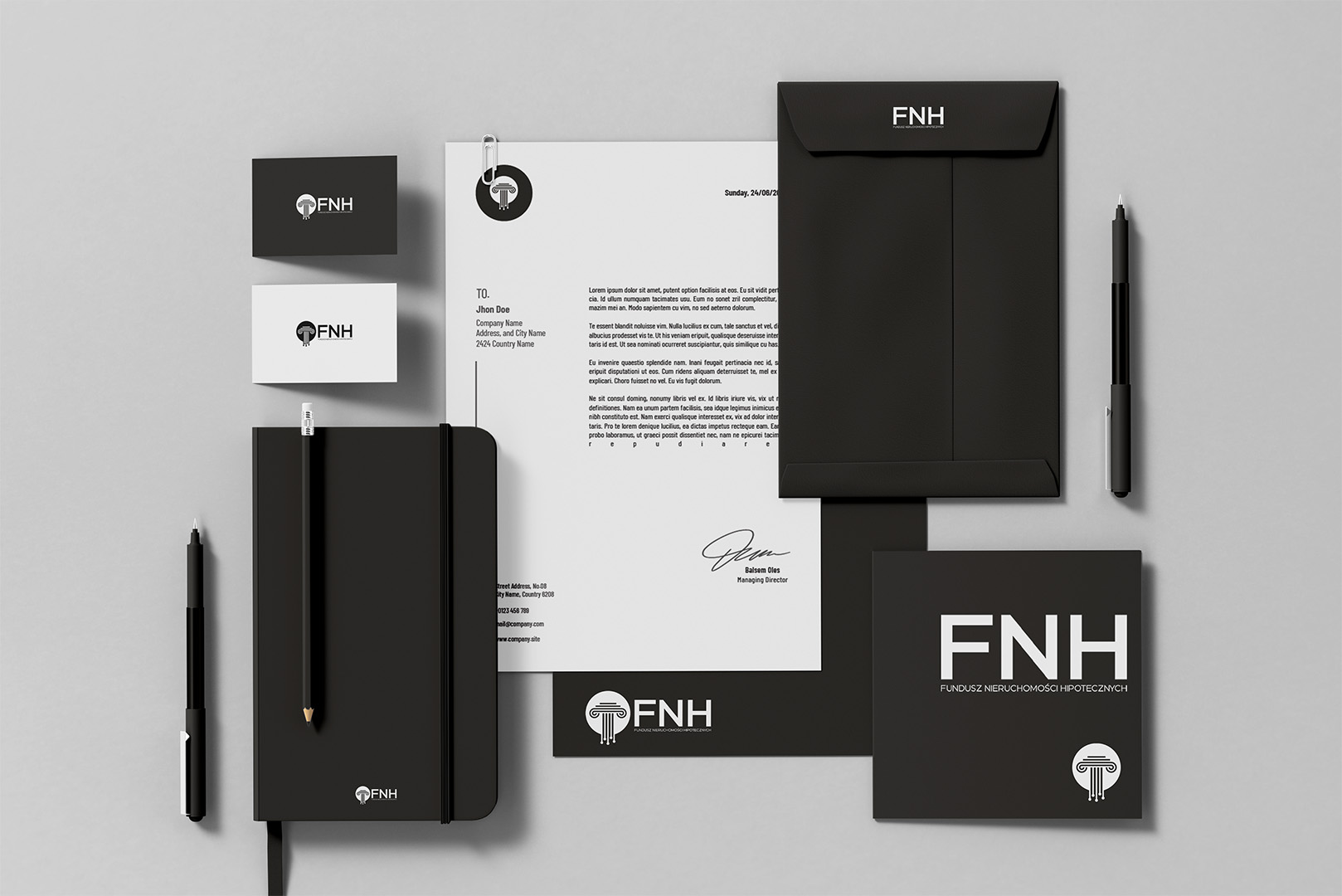 FNH — Pełna identyfikacja wizualna funduszu inwestycyjnego — logotyp, papiery firmowe, wizytówki i prezentacje.
