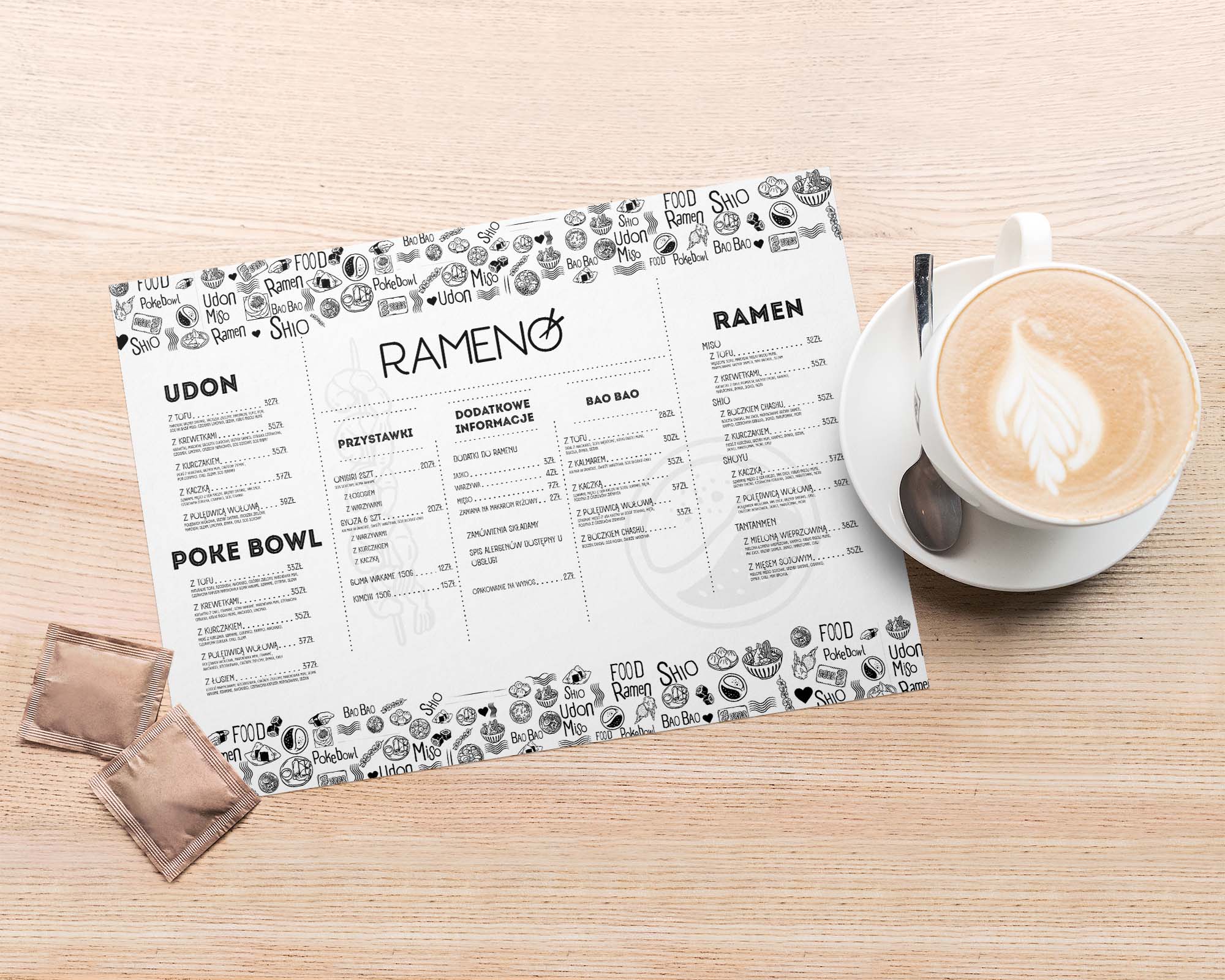 Rameno — Projekt menu i materiałów graficznych restauracji ramen — karty dań, ulotki i plakaty promocyjne.