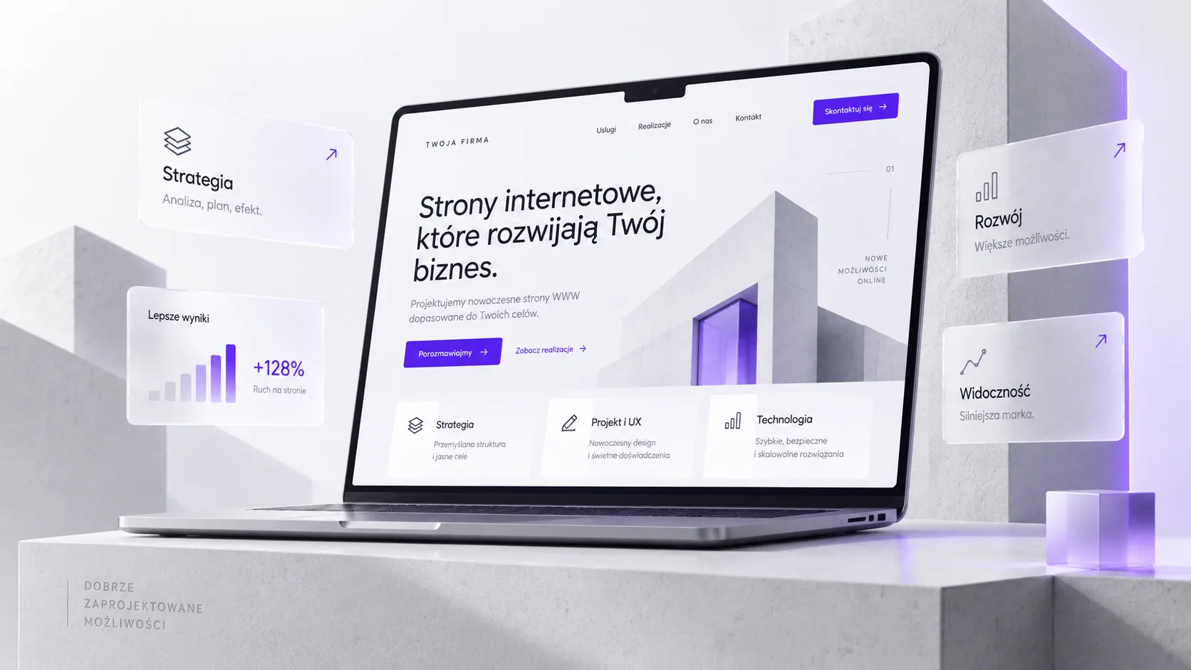Wizualizacja nowoczesnej strony internetowej na laptopie