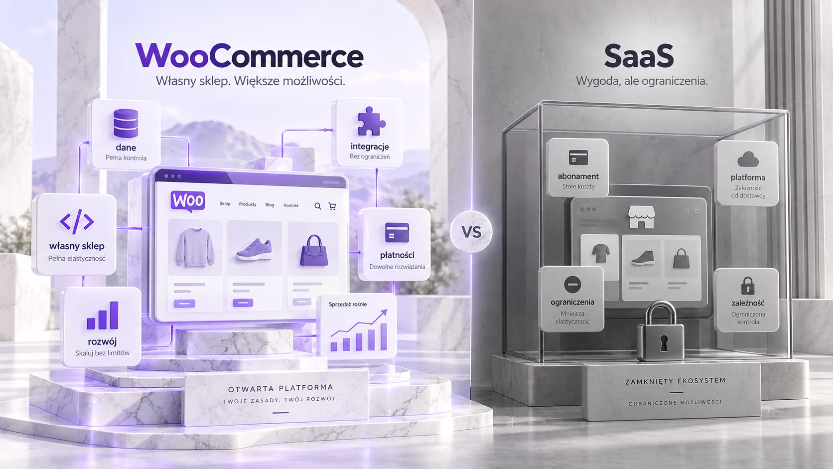 Wizualne zestawienie WooCommerce i SaaS: własny sklep i rozwój bez ograniczeń kontra abonament i zależność od platformy